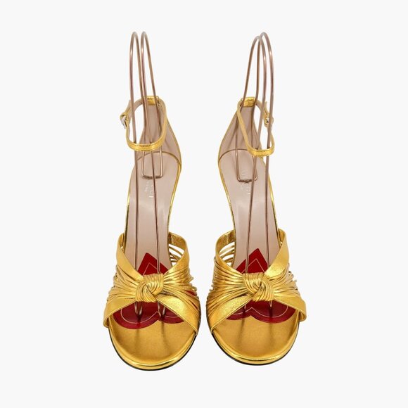Gucci Crawford Knot Sandals EU 38.5 US 8.5 Gold Leather High Heel Shoe Allie - Picture 4 of 15